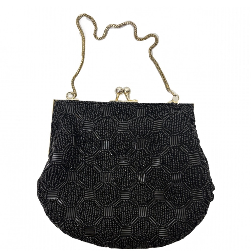 Vintage 1950s DU VAL Black Beaded Handmade Clamshell Cocktail Purse